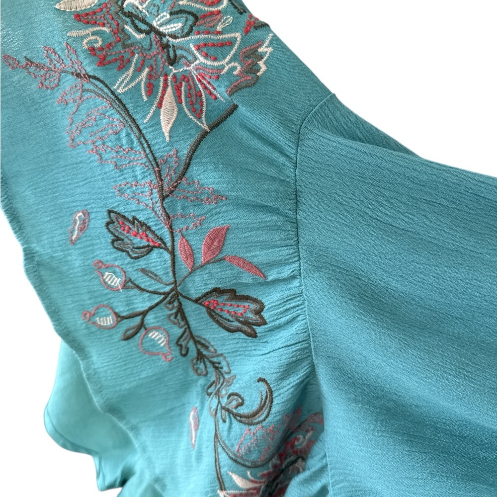 Soho New York Co Teal Off-Shoulder Blouse with Embroidered flounce Sleeves - Picture 3 of 3